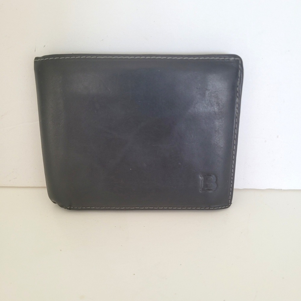Bally Mens Black Leather Bifold Wallet Zippered Bill Pocket Contrast Stitching